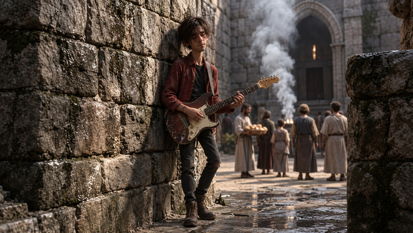 Joven guitarrista vestido con ropa contemporánea toca una guitarra eléctrica apoyado contra un muro de piedra, mientras habitantes con vestimentas antiguas caminan entre humo y construcciones monumentales.