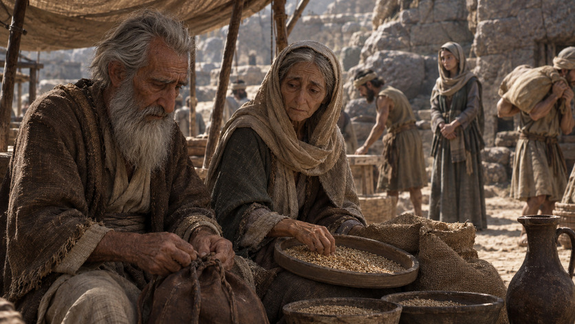 Hombre y mujer ancianos con vestimentas antiguas seleccionan y preparan grano junto a sacos de arpillera en una comunidad construida entre muros de piedra.