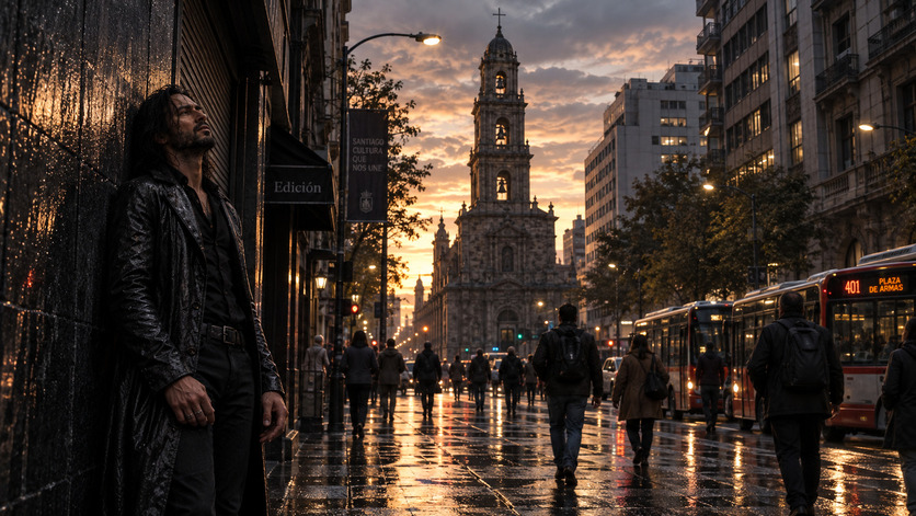Hombre de cabello largo y ropa negra permanece junto a un edificio bajo la lluvia mientras observa el cielo al atardecer, con una iglesia, peatones y autobuses al fondo.
