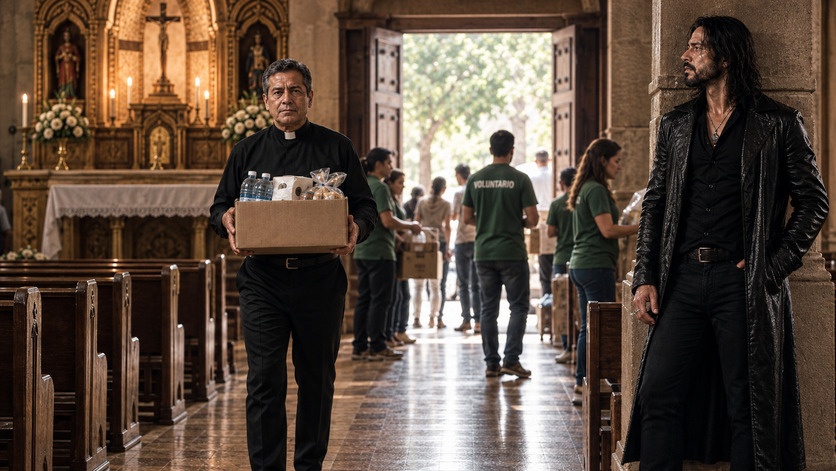 Sacerdote camina por el interior de una iglesia llevando una caja con alimentos y agua, mientras voluntarios organizan ayuda y un hombre vestido de negro observa desde un costado.