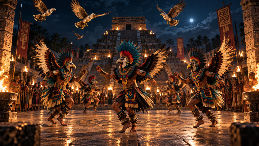 Danzantes con elaborados atuendos de águila y grandes alas realizan una ceremonia nocturna frente a un templo escalonado iluminado por antorchas.