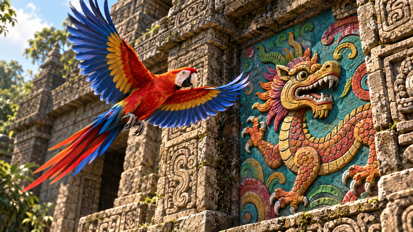 Guacamayo rojo de grandes alas azules y amarillas vuela frente a un relieve policromado de una criatura mitológica en un antiguo templo mesoamericano de piedra.