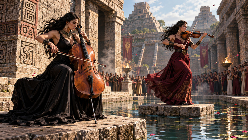 Dos mujeres interpretan violonchelo y violín junto a un canal ceremonial, rodeadas de templos de piedra y una multitud en una ciudad inspirada en la antigua Mesoamérica.