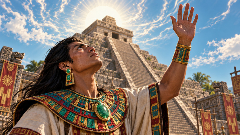 Hombre mesoamericano con ornamentos de turquesa eleva una mano hacia el Sol frente a un gran templo escalonado bajo un cielo azul.