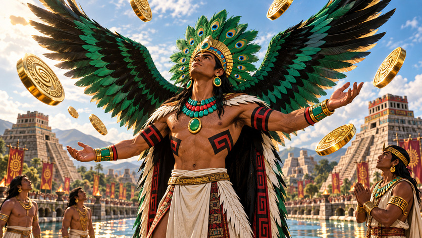 Figura ceremonial mesoamericana con gran tocado de plumas verdes y alas extendidas eleva los brazos mientras discos dorados flotan a su alrededor frente a templos monumentales.