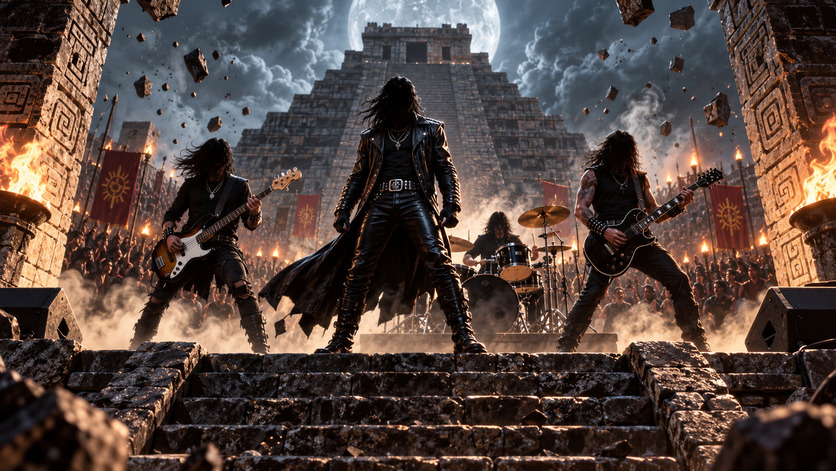 Banda de rock con cantante, bajista, guitarrista y baterista interpreta música frente a un gran templo mesoamericano durante una escena nocturna rodeada de fuego y una multitud.