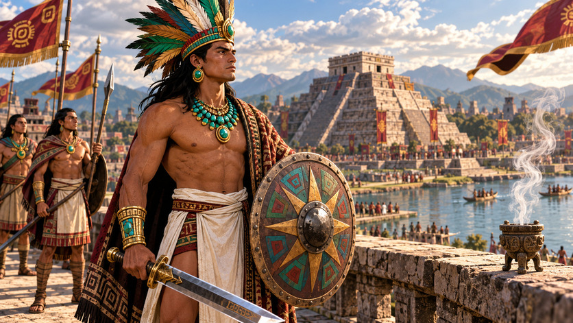 Guerrero mesoamericano con tocado de plumas, escudo y espada permanece frente a una gran ciudad de templos escalonados, acompañado por otros combatientes.