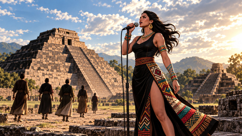 Cantante con vestido negro y detalles de inspiración mesoamericana interpreta una canción frente a un micrófono, con grandes templos escalonados y montañas al fondo.