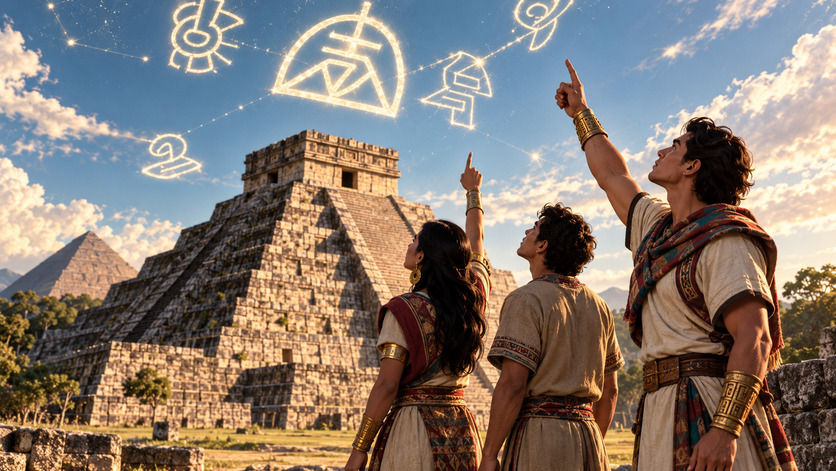 Tres personas con vestimenta inspirada en culturas mesoamericanas señalan símbolos luminosos en el cielo frente a grandes templos escalonados de piedra.