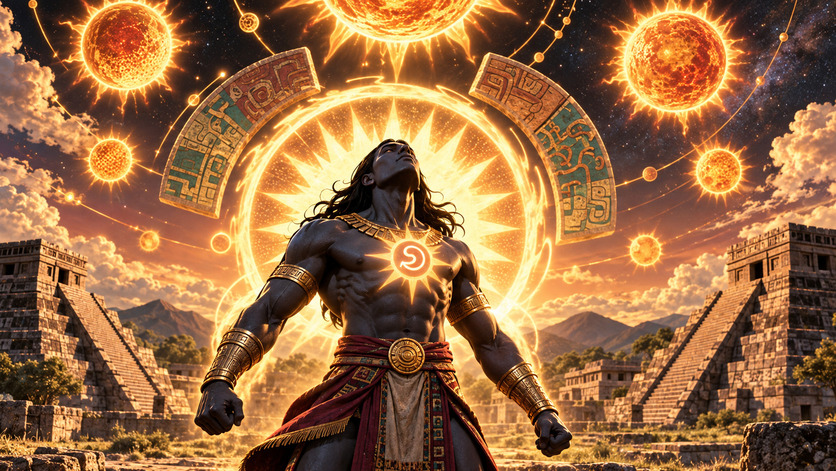 Figura masculina de apariencia sobrenatural permanece frente a templos mesoamericanos, rodeada de múltiples soles luminosos y grandes símbolos calendáricos suspendidos en el cielo.