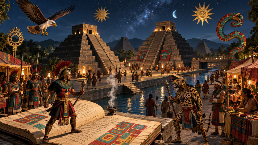 Gran ciudad ceremonial mesoamericana de noche con templos escalonados, sacerdotes y habitantes reunidos junto a un canal, mientras un águila, una serpiente y símbolos solares aparecen sobre el paisaje.