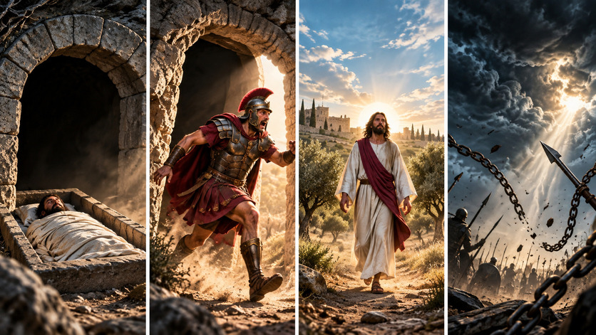 Secuencia bíblica con una tumba abierta, un soldado romano huyendo, Jesús caminando bajo la luz del amanecer y cadenas rompiéndose bajo un cielo tormentoso.