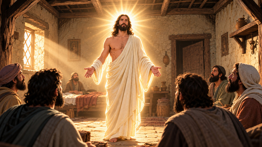 Jesús resucitado, vestido de blanco y rodeado de una intensa luz, se presenta ante sus discípulos reunidos dentro de una casa.
