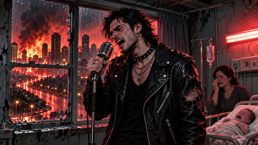 Cantante de rock interpreta frente a un micrófono dentro de un hospital, mientras una mujer llora junto a un bebé y una ciudad arde bajo la lluvia al fondo.