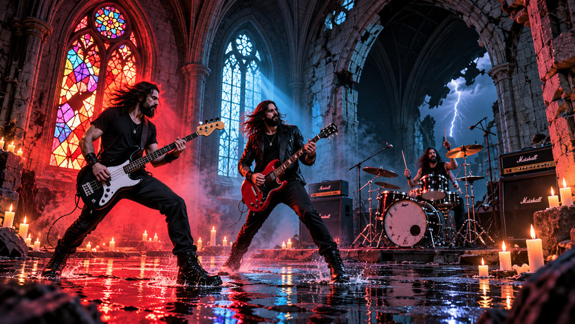 Banda de rock con bajista, guitarrista y baterista tocando dentro de una iglesia gótica en ruinas, iluminada por vitrales, velas y relámpagos.