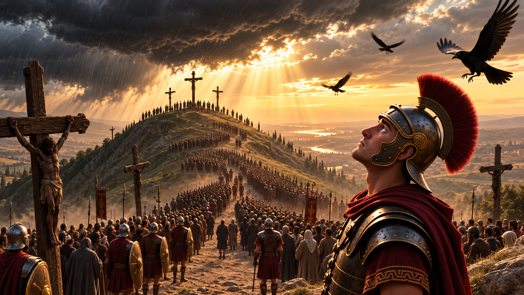 Soldado romano contempla el cielo mientras una multitud asciende hacia tres cruces sobre una colina, bajo nubes de tormenta atravesadas por rayos de luz.