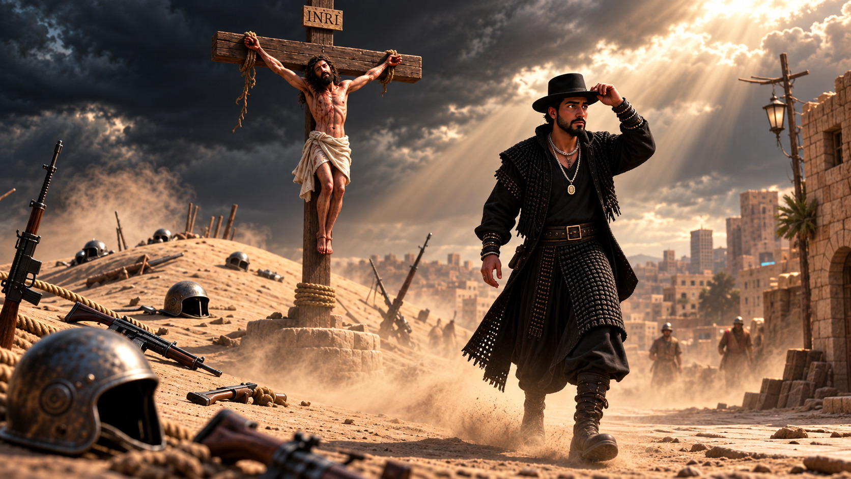 Jesús crucificado sobre un campo cubierto de armas y cascos, mientras un hombre vestido de negro camina entre las ruinas bajo un cielo dramático.