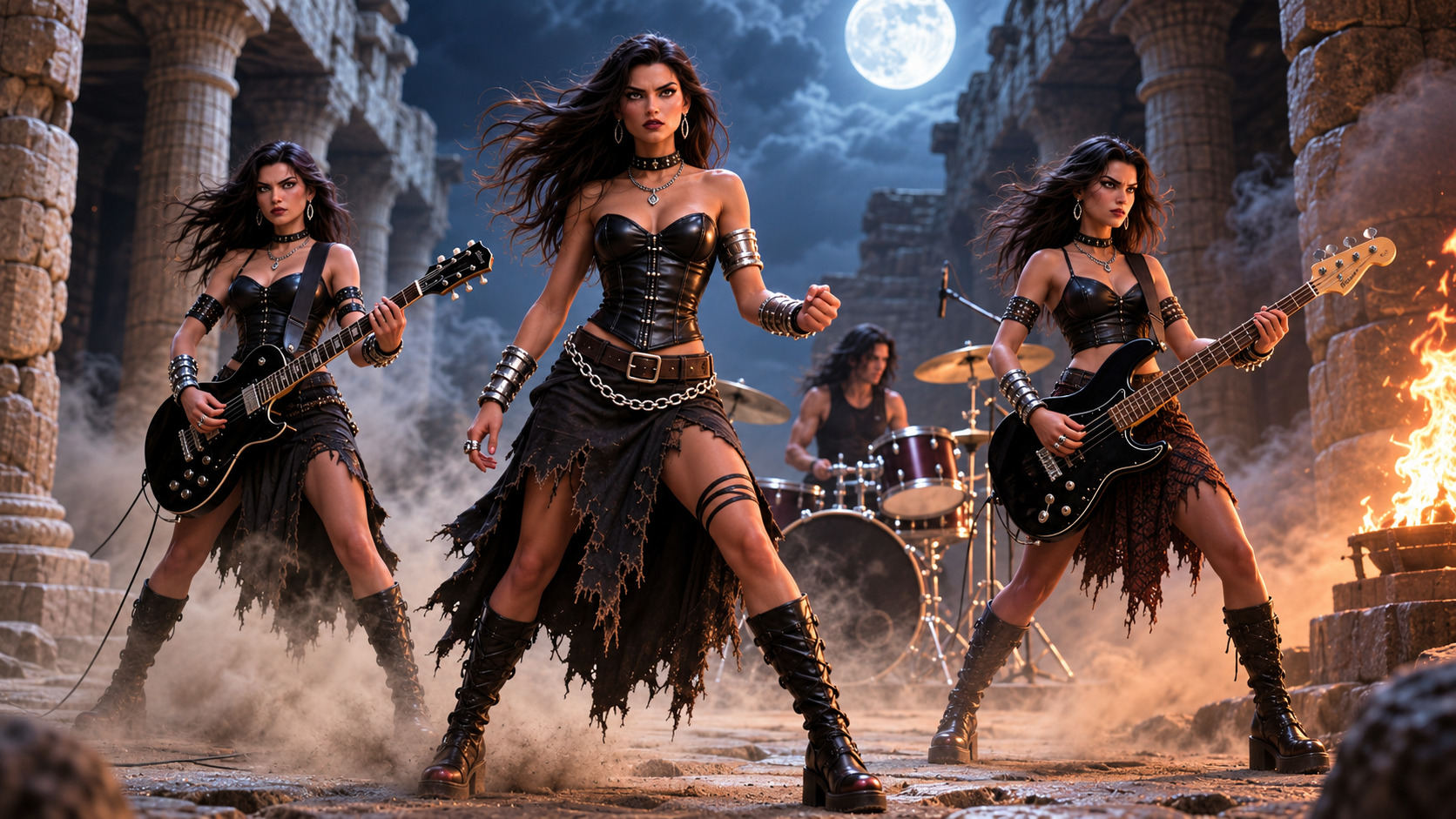Banda de rock con vocalista, guitarrista, bajista y baterista interpreta entre antiguas ruinas de piedra bajo una gran luna llena.