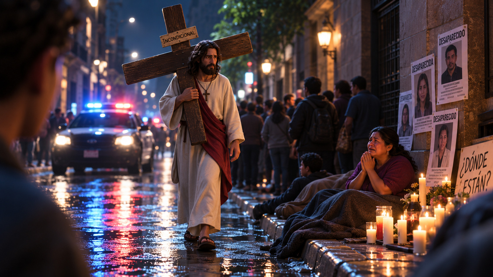 Representación de Jesús cargando una cruz por una calle nocturna, junto a familiares de personas desaparecidas, velas, carteles de búsqueda y un vehículo policial.