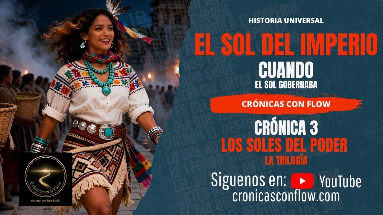 Portada de Crónicas con Flow, Crónica 3 de “Los Soles del Poder”, con una mujer de inspiración mesoamericana caminando entre una multitud durante una ceremonia.