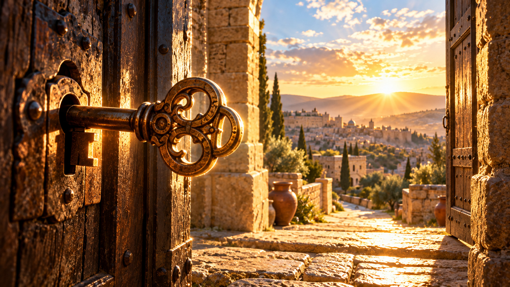 Llave antigua de metal dorado introducida en la cerradura de una gran puerta de madera abierta, con vistas a una ciudad de piedra iluminada por el atardecer.