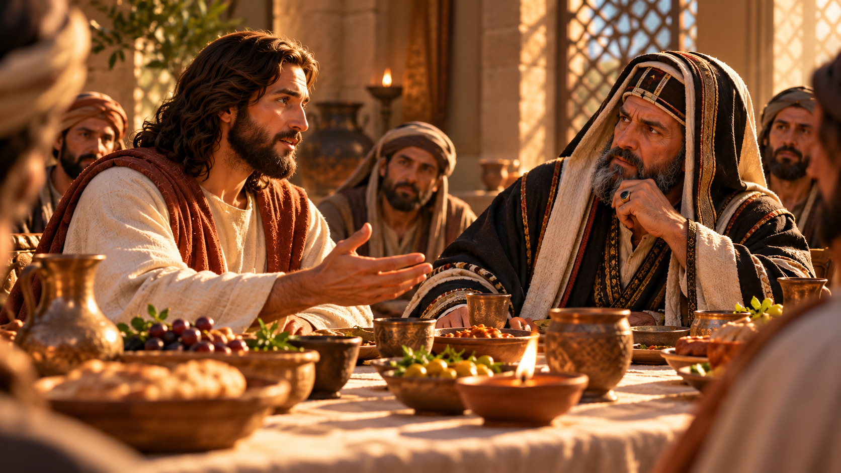 Jesús, vestido con túnica blanca y manto rojizo, conversa con un hombre de vestimenta religiosa oscura durante un banquete, mientras otros hombres escuchan atentamente.