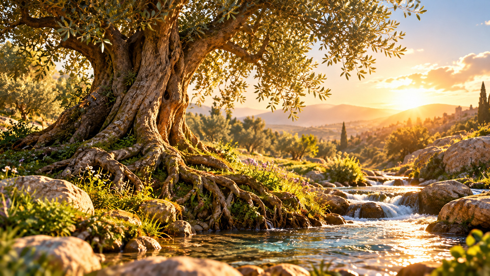 Olivo centenario de tronco retorcido y raíces expuestas junto a un arroyo de aguas cristalinas, rodeado de rocas y vegetación bajo la luz dorada del atardecer.