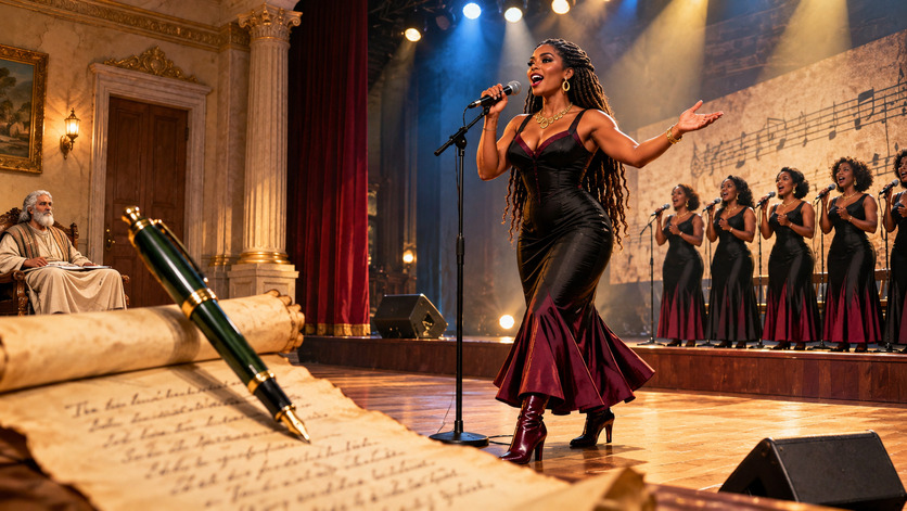 Cantante de cabello trenzado y vestido negro con detalles burdeos interpreta una canción en un escenario iluminado, acompañada por un coro femenino, mientras un anciano observa desde un lateral.