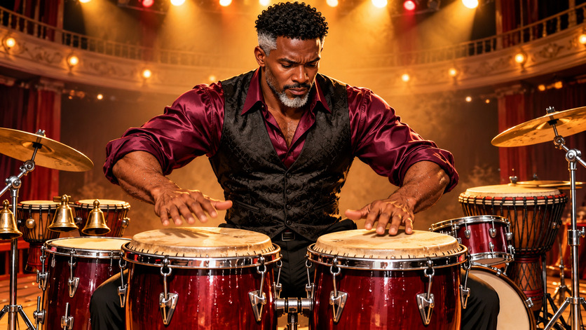Percusionista afrodescendiente de cabello rizado y barba canosa toca dos congas rojas sobre un escenario iluminado con luces doradas, rodeado de instrumentos de percusión.