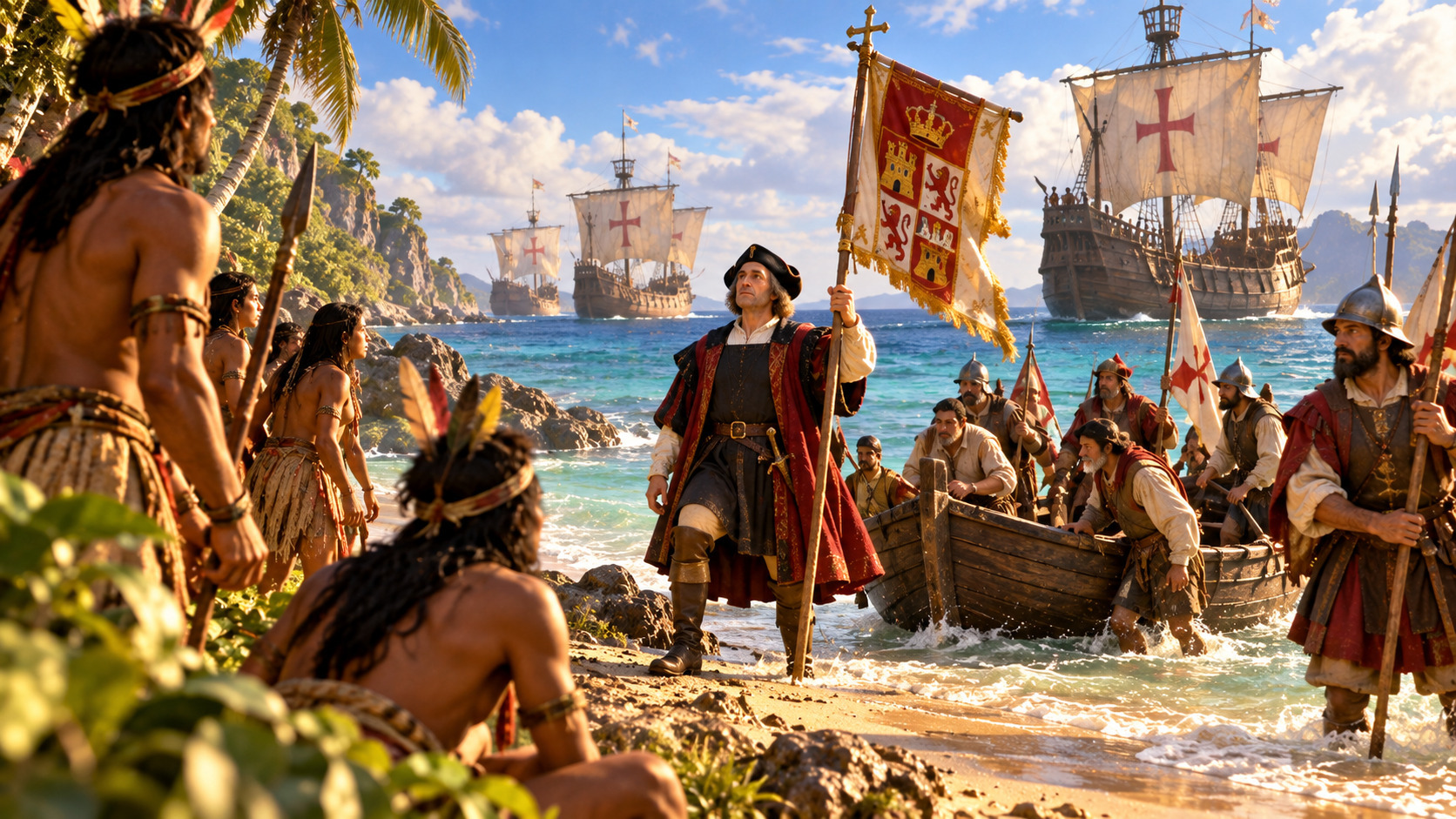 Exploradores españoles del siglo XV desembarcan en una costa tropical con estandartes de Castilla, frente a habitantes indígenas que observan su llegada, mientras varias carabelas permanecen en el mar.