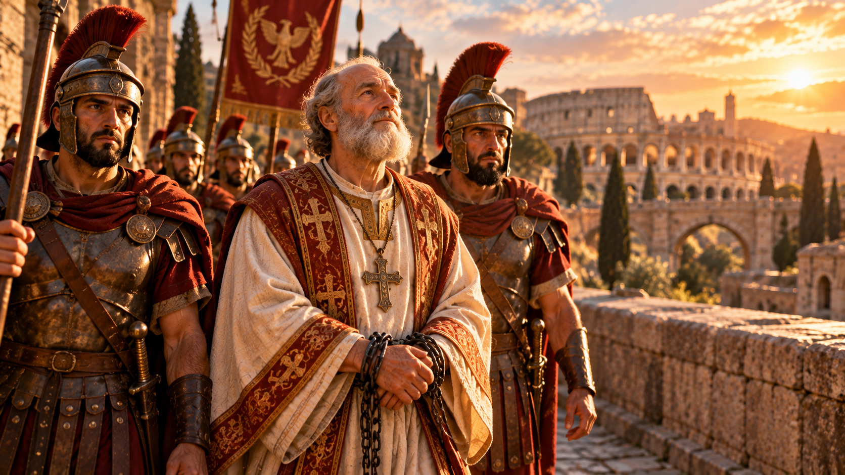 Anciano religioso cristiano de barba blanca, vestido con túnica ceremonial y manos encadenadas, es custodiado por soldados romanos frente al Coliseo durante un atardecer dorado.