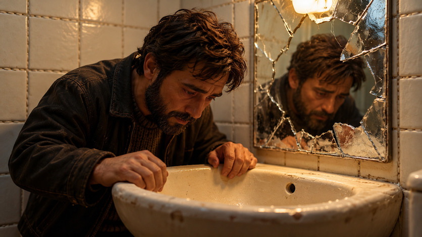 Hombre de cabello oscuro y barba se inclina sobre un lavabo antiguo mientras observa hacia abajo, con su rostro reflejado en un espejo roto.