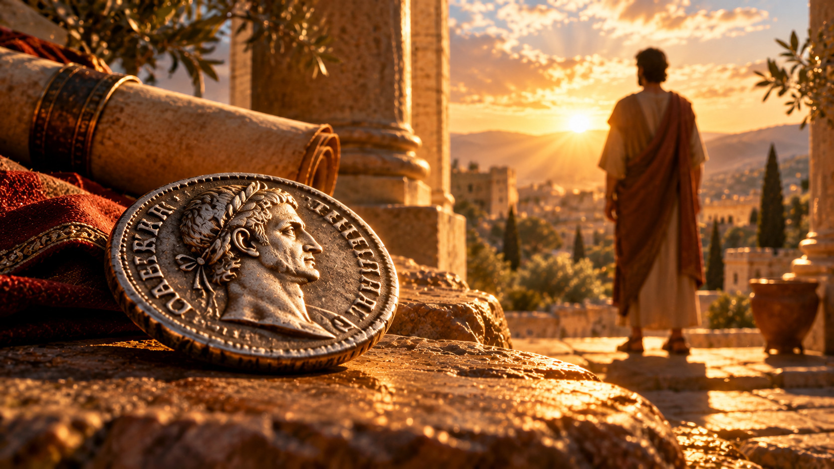 Moneda romana de plata con el perfil de un emperador sobre una superficie de piedra, mientras un hombre con túnica contempla una ciudad antigua iluminada por el atardecer.