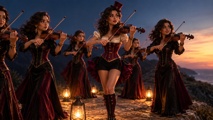 Grupo de seis violinistas con vestuarios negros y burdeos interpreta música sobre un acantilado junto al mar, iluminado por faroles durante un atardecer.